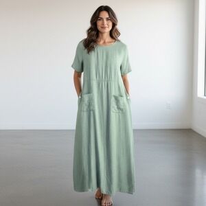 Vintage Lagenlook Minimalist Maxi Dress M Sage Green Linen/Rayon Coastal Earthy